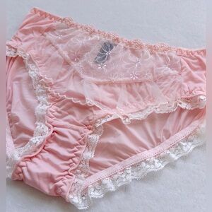 US-S  Japanese Brand Cute Flower Embroidery Ruffle Lace Trim Nylon Panties